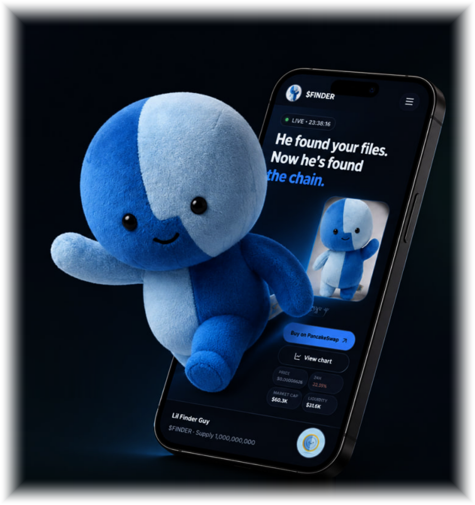 Lil Finder Guy plush mascot leaning out of a phone screen showing the $FINDER site